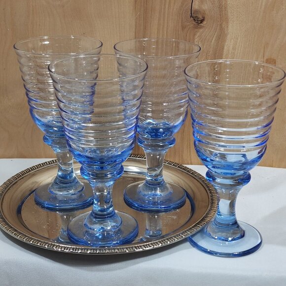 4 Libbey Sirrus Blue Wine Glasses 7" water Goblets vintage horizontal rings - Picture 1 of 7